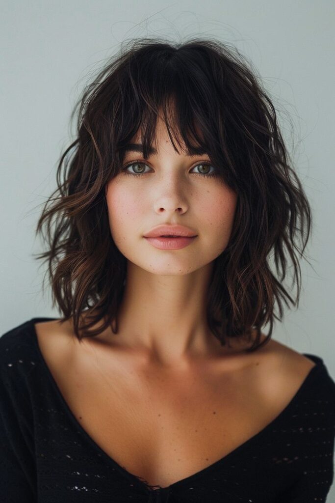 Mulher com corte de cabelo shaggy com franja em estilo moderno e despojado