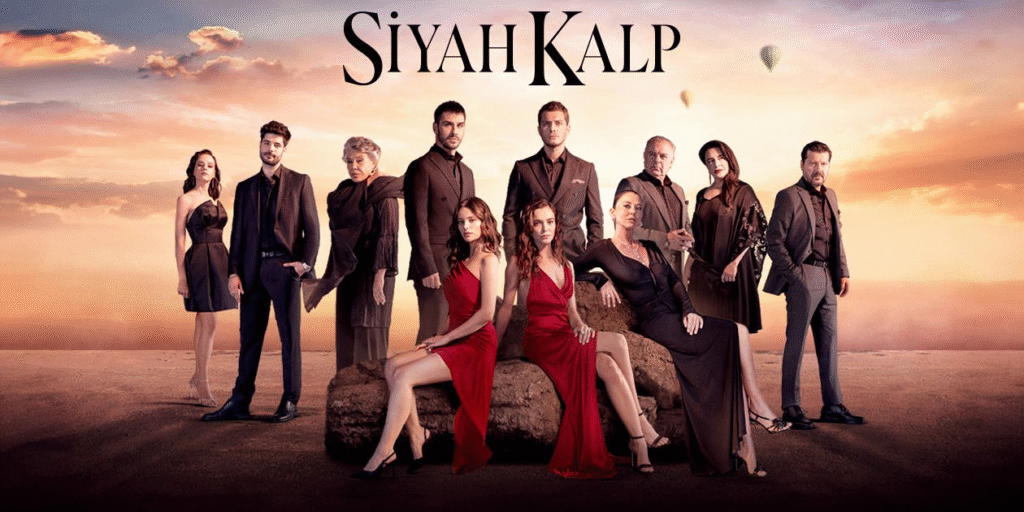 elenco da novela turca Siyah Kalp posando ao pôr do sol
