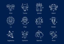 Ilustrações dos 12 signos do zodíaco com fundo azul escuro