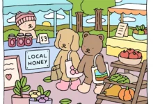Desenho fofo de ursos e um cachorro no mercado local com uma barraca de mel, frutas e legumes.