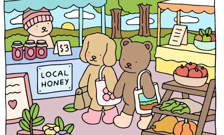 Desenho fofo de ursos e um cachorro no mercado local com uma barraca de mel, frutas e legumes.