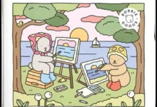 Desenho de dois ursos pintando à beira-mar, com um cenário de pôr do sol e barco no fundo.