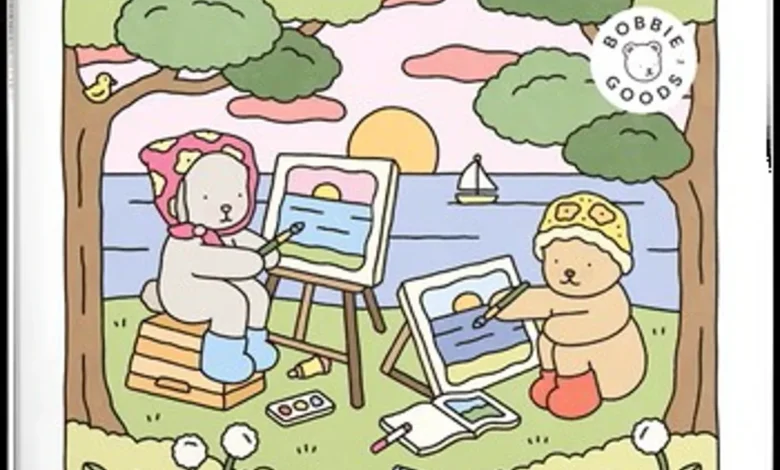 Desenho de dois ursos pintando à beira-mar, com um cenário de pôr do sol e barco no fundo.