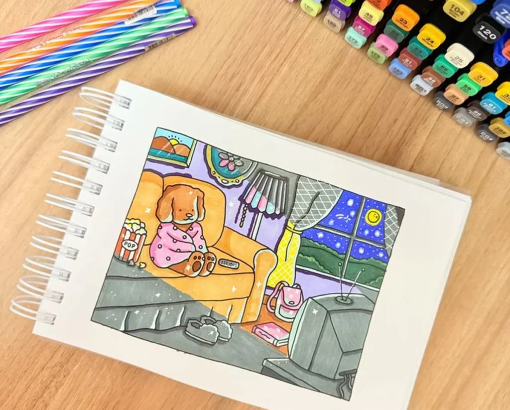 Desenho colorido de um cachorro em um sofá assistindo TV, com foco na iluminação e sombras.