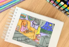 Desenho colorido de um cachorro em um sofá assistindo TV, com foco na iluminação e sombras.
