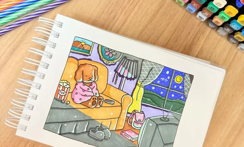 Desenho colorido de um cachorro em um sofá assistindo TV, com foco na iluminação e sombras.