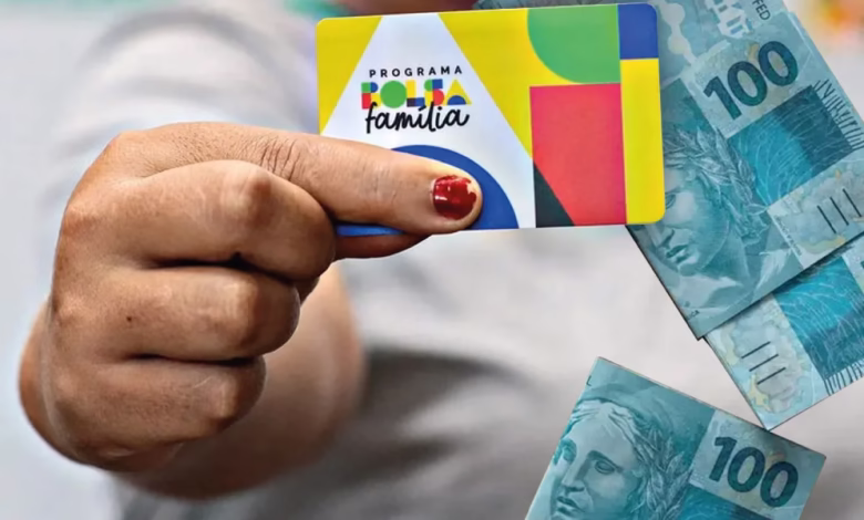 Pessoa segurando o cartão do Bolsa Família com cédulas de R$ 100 ao fundo, representando o pagamento do benefício e o Auxílio Gás