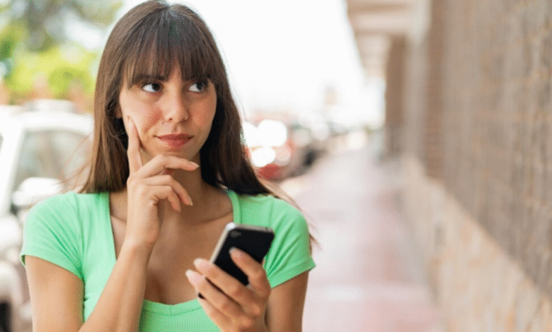 Mulher segurando celular com expressão de dúvida em ambiente urbano