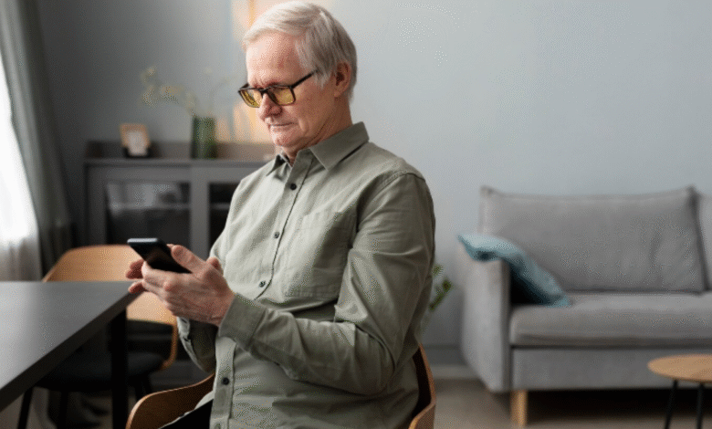 Idoso usando smartphone em casa para acessar aplicativos do dia a dia