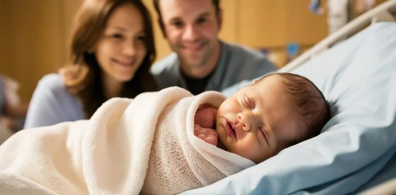 Recém-nascido descansando na maternidade, com os pais sorrindo ao fundo, em um momento de felicidade e acolhimento.