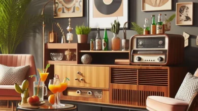 Sala de estar com decoração retrô e moderna, com móveis de madeira e bebidas coloridas.