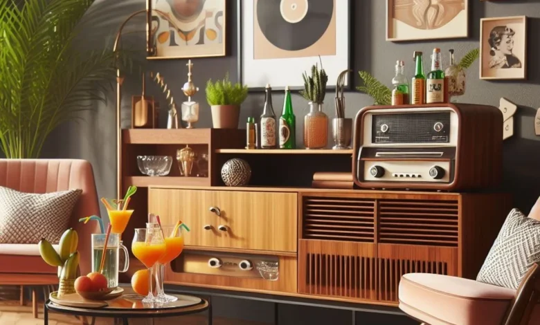 Sala de estar com decoração retrô e moderna, com móveis de madeira e bebidas coloridas.