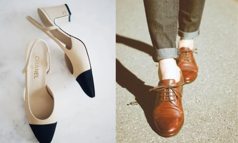 Sapatos bicolor e oxford representando tendências dos anos 80