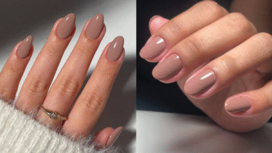 Unhas nude curtas e arredondadas com acabamento brilhoso e elegante