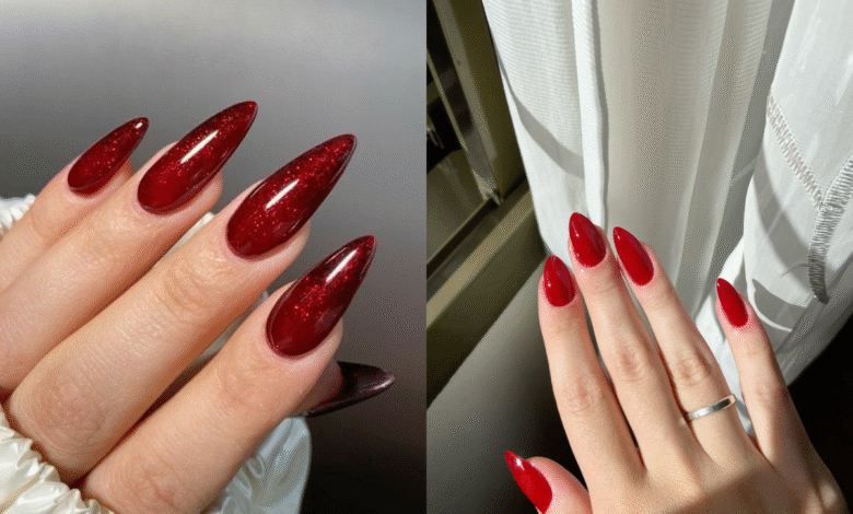 Unhas vermelhas decoradas em diferentes estilos: com glitter e acabamento clássico