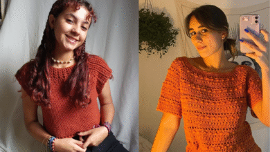 Modelos usando blusas topdown em crochê com fios em tons terrosos