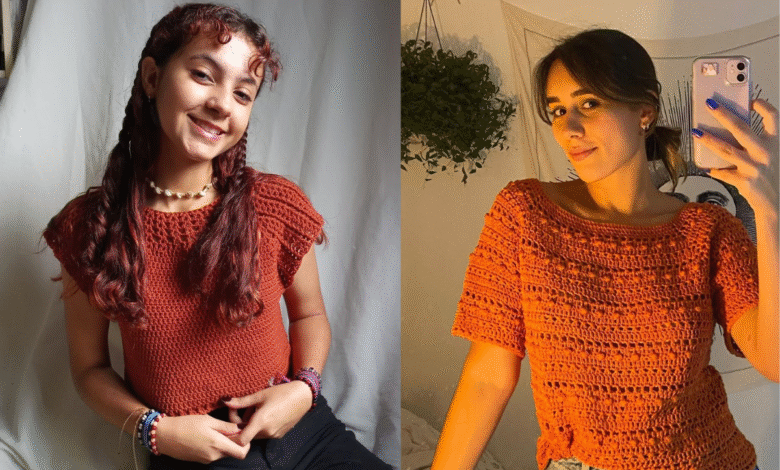 Modelos usando blusas topdown em crochê com fios em tons terrosos