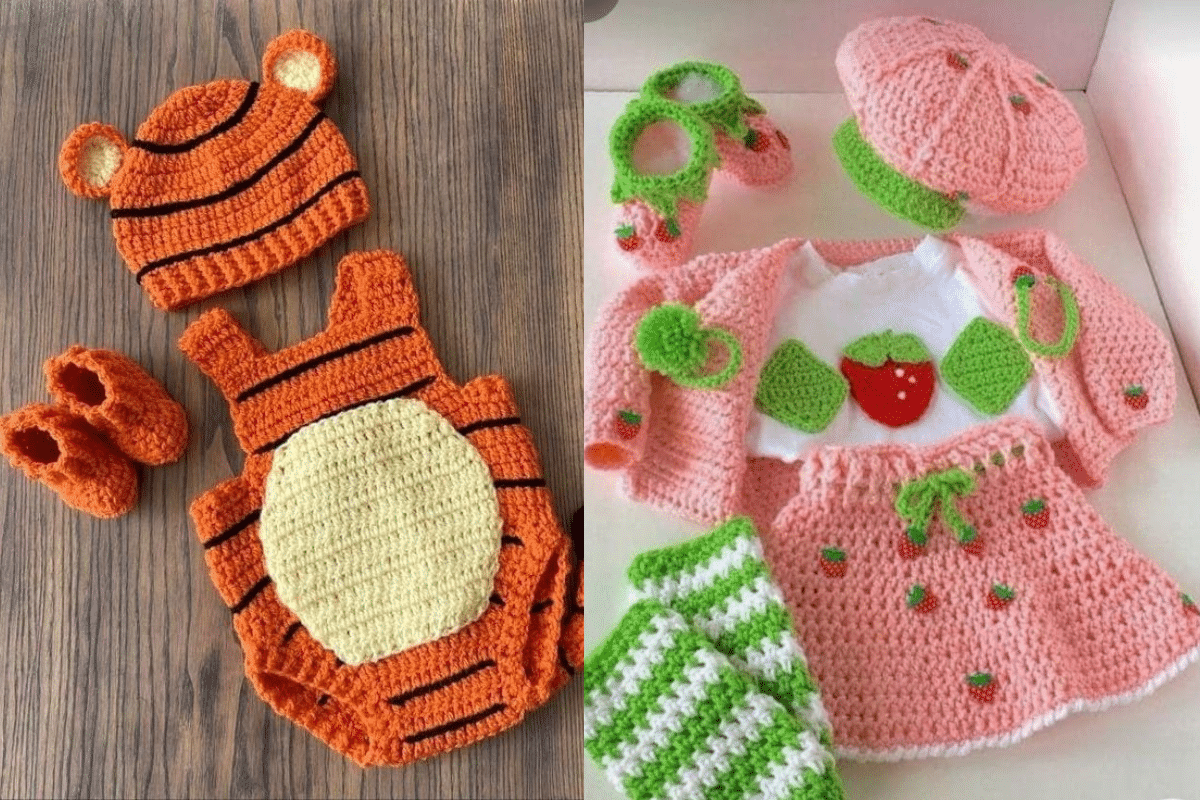 Conjuntos infantis em crochê com tema de tigre e moranguinho feitos à mão