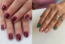 Unhas decoradas com esmaltação bordô e design moderno com verde e glitter