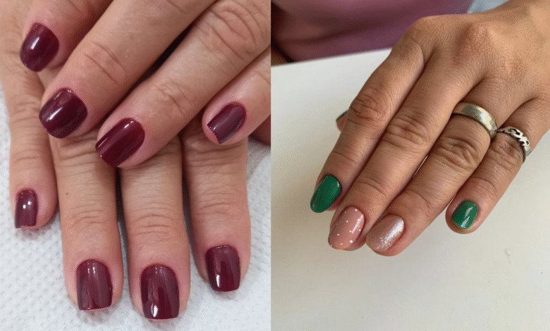 Unhas decoradas com esmaltação bordô e design moderno com verde e glitter