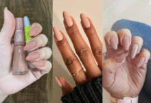 Três estilos de unhas com esmaltes neutros e acabamento delicado