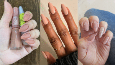Três estilos de unhas com esmaltes neutros e acabamento delicado