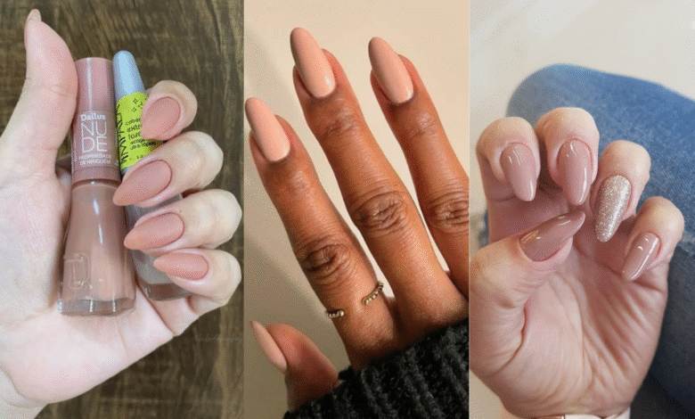 Três estilos de unhas com esmaltes neutros e acabamento delicado