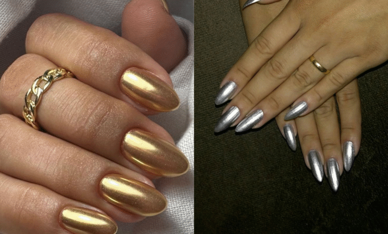 Unhas metálicas douradas e prateadas em destaque com acabamento espelhado e elegante