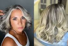 Cabelos grisalhos com mechas peroladas em dois estilos modernos e iluminados.