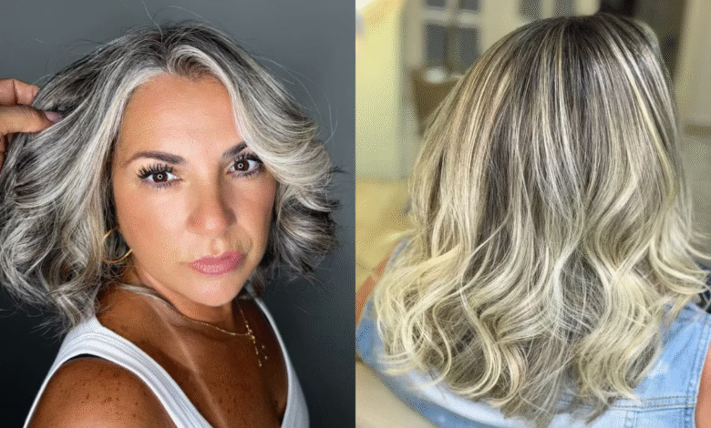 Cabelos grisalhos com mechas peroladas em dois estilos modernos e iluminados.