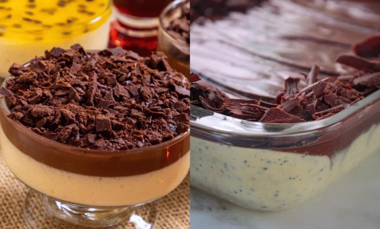 Montagem com duas sobremesas cremosas com chocolate, servidas em taça e travessa de vidro.