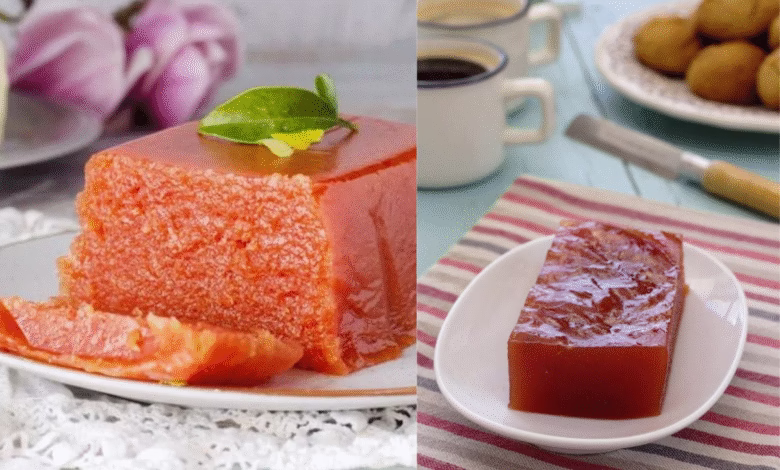 Fatias de marmelada caseira servidas em pratos simples sobre toalhas