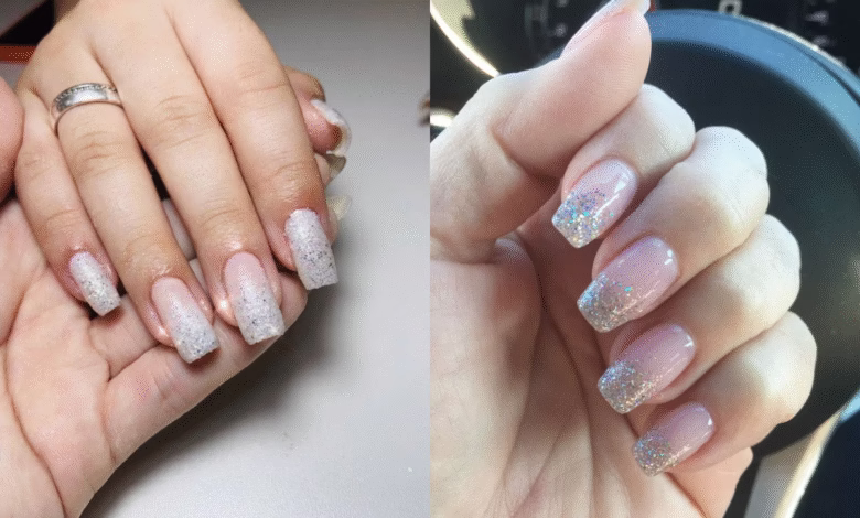 Unhas com esmalte glitter elegante em estilo degradê discreto