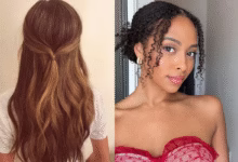 Dois exemplos de penteados fáceis: meio preso em cabelo liso e coque com fios soltos em cabelo cacheado