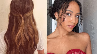Dois exemplos de penteados fáceis: meio preso em cabelo liso e coque com fios soltos em cabelo cacheado