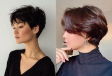 Mulheres com corte pixie curto e estiloso em diferentes versões.