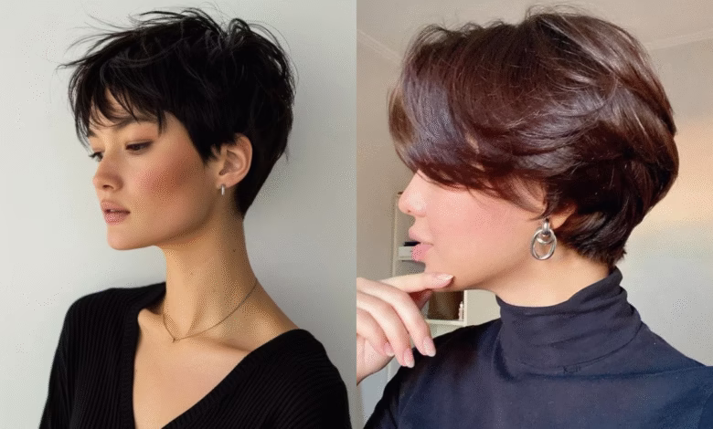 Mulheres com corte pixie curto e estiloso em diferentes versões.