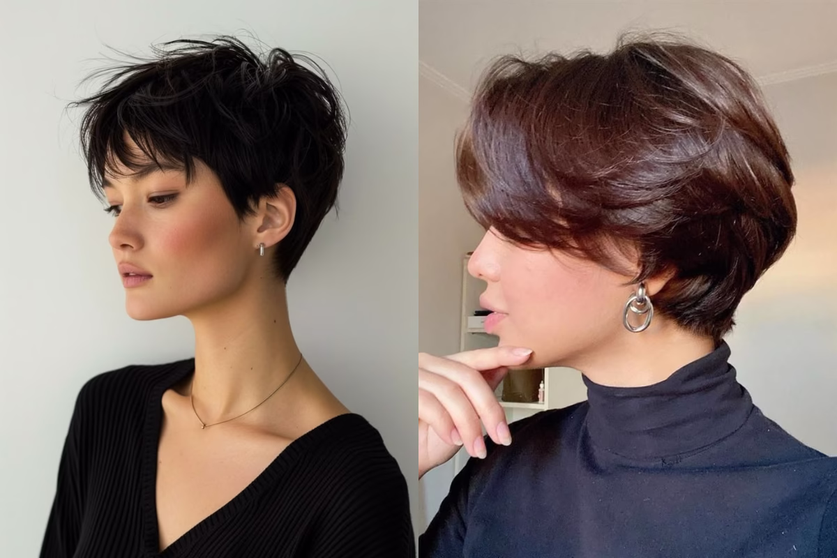 Mulheres com corte pixie curto e estiloso em diferentes versões.