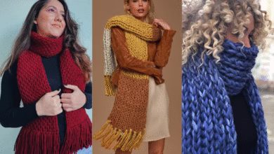 Cachecol de crochê grosso em diferentes cores e estilos, ideal para dias frios
