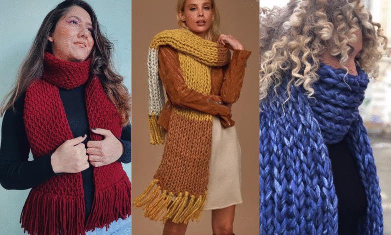 Cachecol de crochê grosso em diferentes cores e estilos, ideal para dias frios