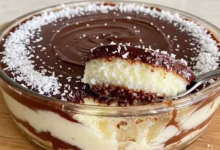 Gelado de coco com chocolate, uma sobremesa refrescante com camadas de coco e chocolate, coberta com coco ralado, em uma tigela.