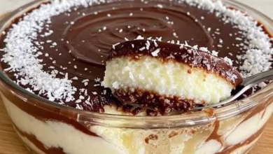 Gelado de coco com chocolate, uma sobremesa refrescante com camadas de coco e chocolate, coberta com coco ralado, em uma tigela.