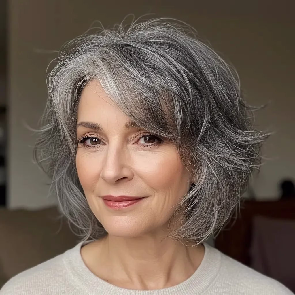 Corte curto e despojado com cabelo grisalho e franja, ideal para quem busca volume e movimento.