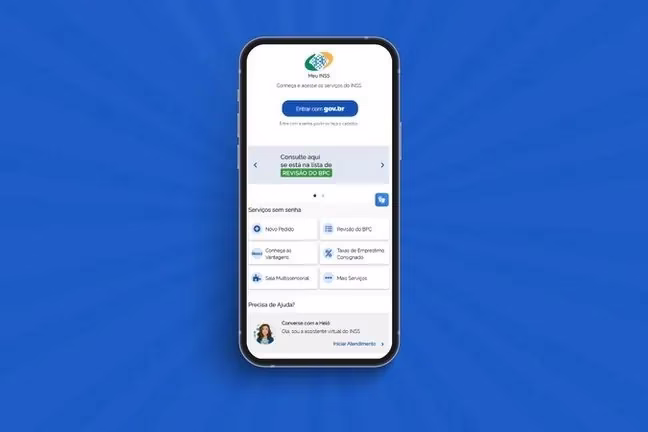 Tela inicial do aplicativo Meu INSS com opções de serviços e login via gov.br