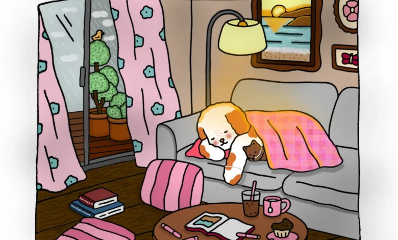 Ilustração aconchegante com iluminação suave em estilo Bobbie Goods