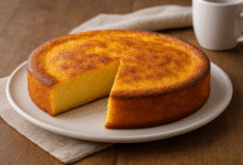 Bolo de fubá cremoso pronto servido sobre a mesa.