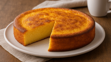 Bolo de fubá cremoso pronto servido sobre a mesa.