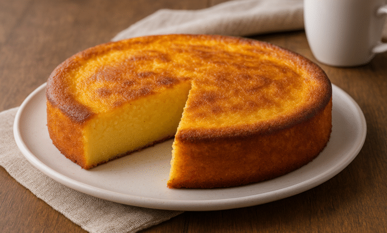 Bolo de fubá cremoso pronto servido sobre a mesa.