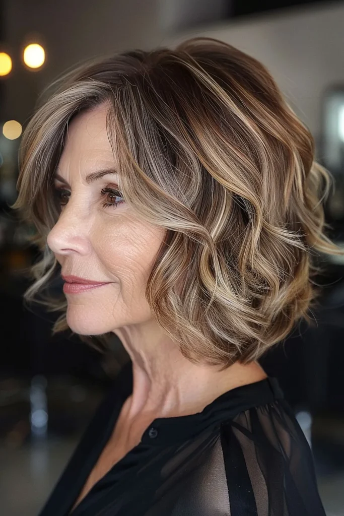 Mulher com cabelo grisalho modelado em ondas suaves, criando um visual natural e elegante.