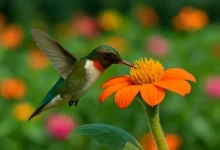 Beija-flor se alimentando de flor laranja vibrante no jardim